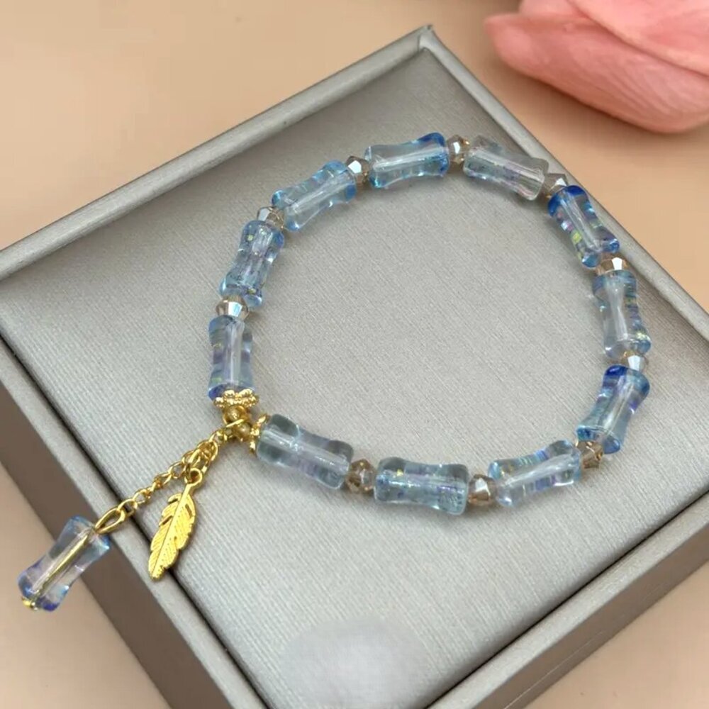 NEW Blue Bamboo Bead 18K Gold Plated Leaf Charm Stretch Bracelet